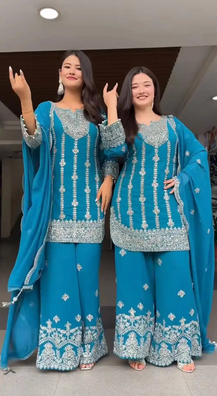 Chinon Silk Embroidered Palazzo Suit with Dupatta