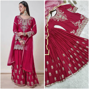 Chinon Silk Embroidered Palazzo Suit with Dupatta