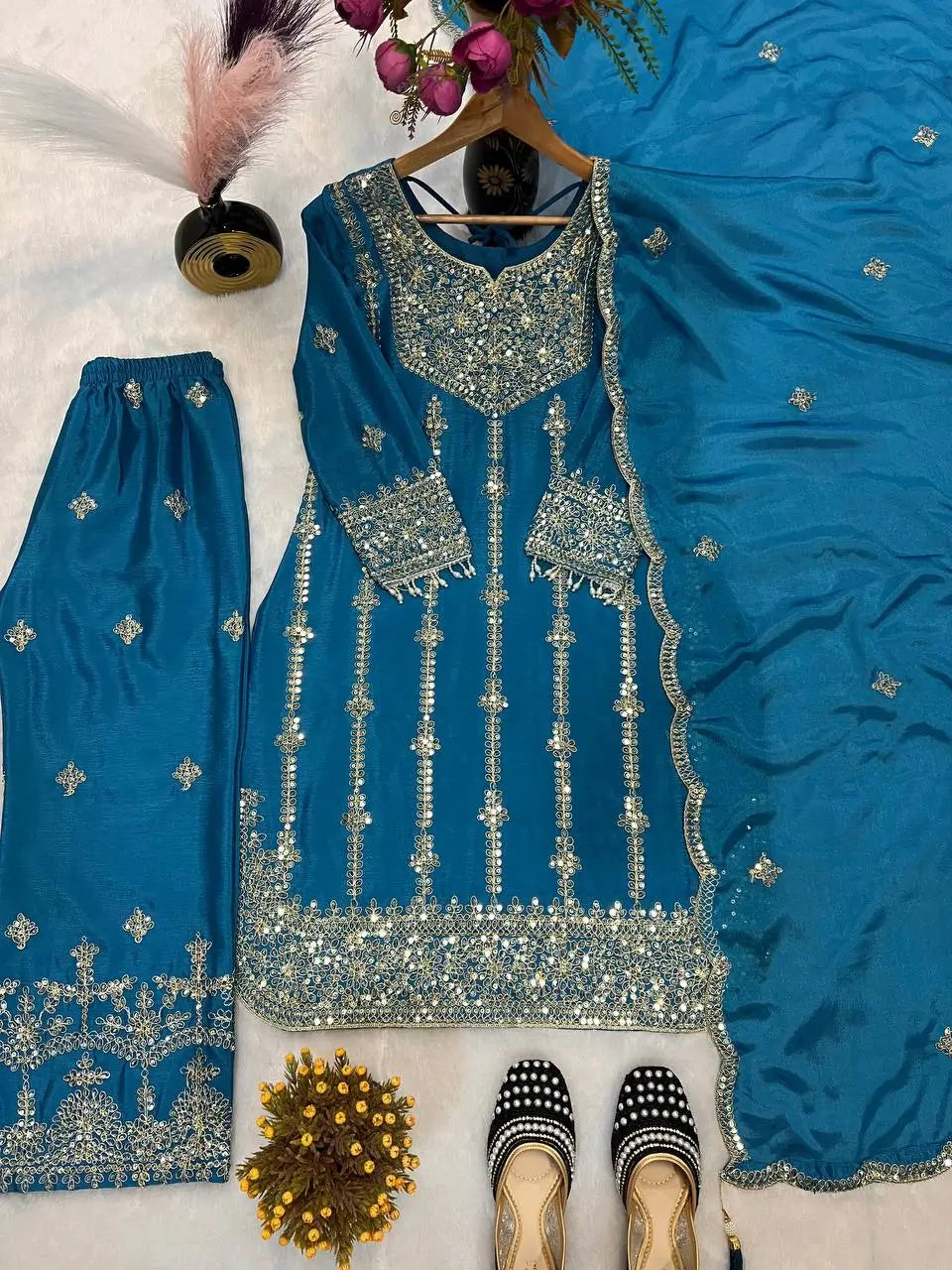 Chinon Silk Embroidered Palazzo Suit with Dupatta