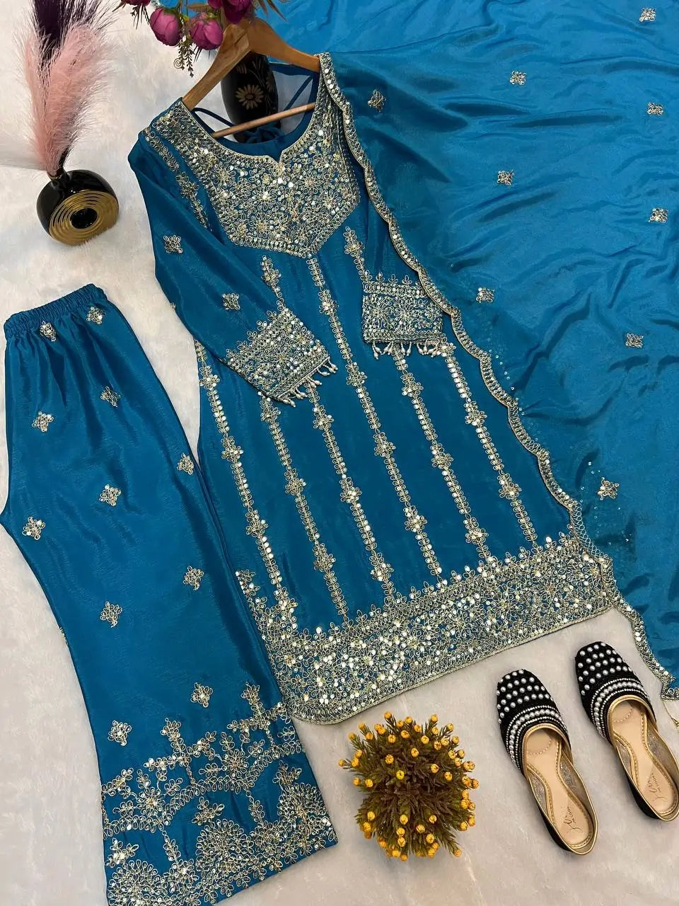 Chinon Silk Embroidered Palazzo Suit with Dupatta