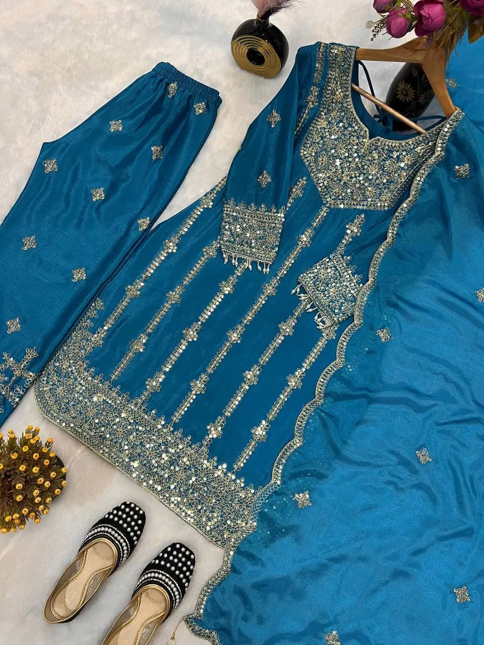 Chinon Silk Embroidered Palazzo Suit with Dupatta