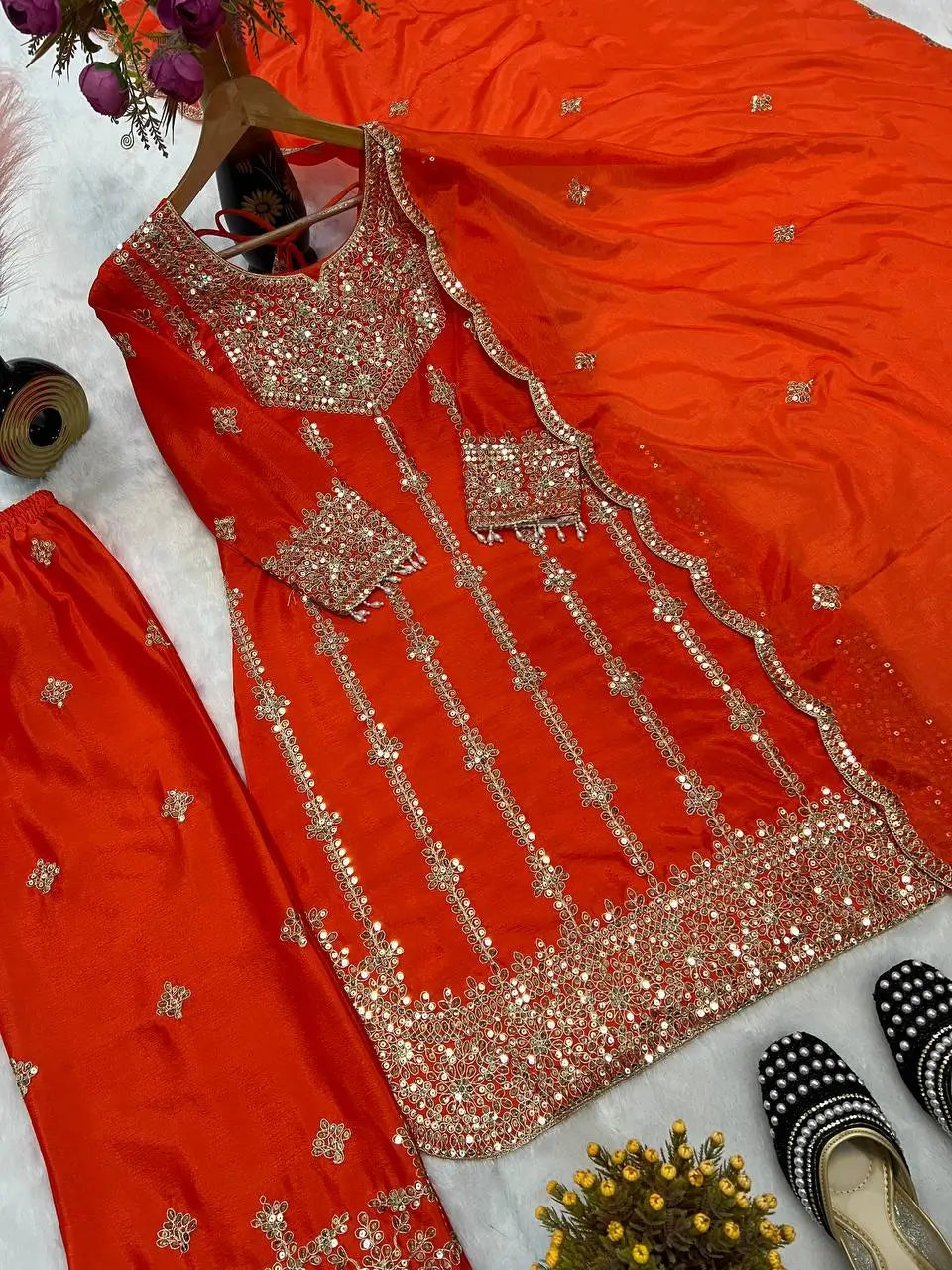 Chinon Silk Embroidered Palazzo Suit with Dupatta