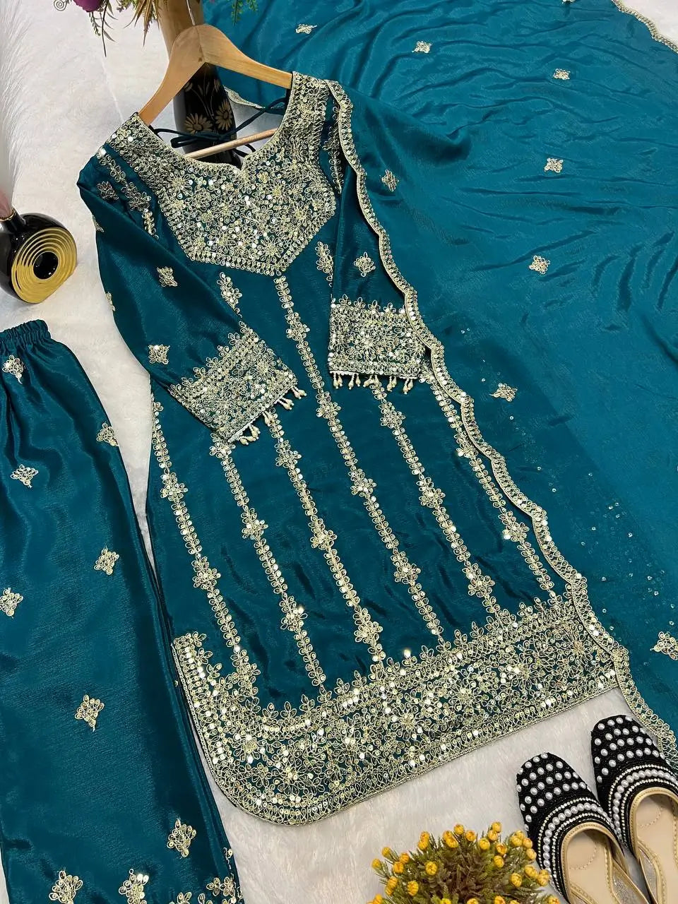 Chinon Silk Embroidered Palazzo Suit with Dupatta