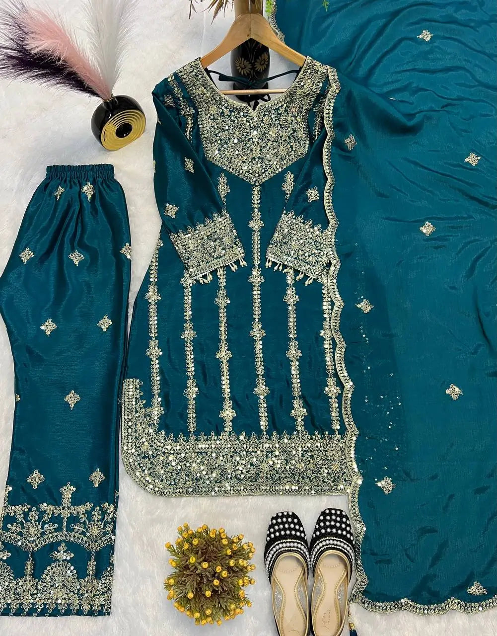 Chinon Silk Embroidered Palazzo Suit with Dupatta
