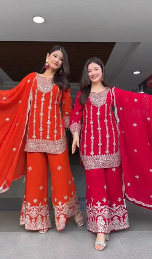 Chinon Silk Embroidered Palazzo Suit with Dupatta