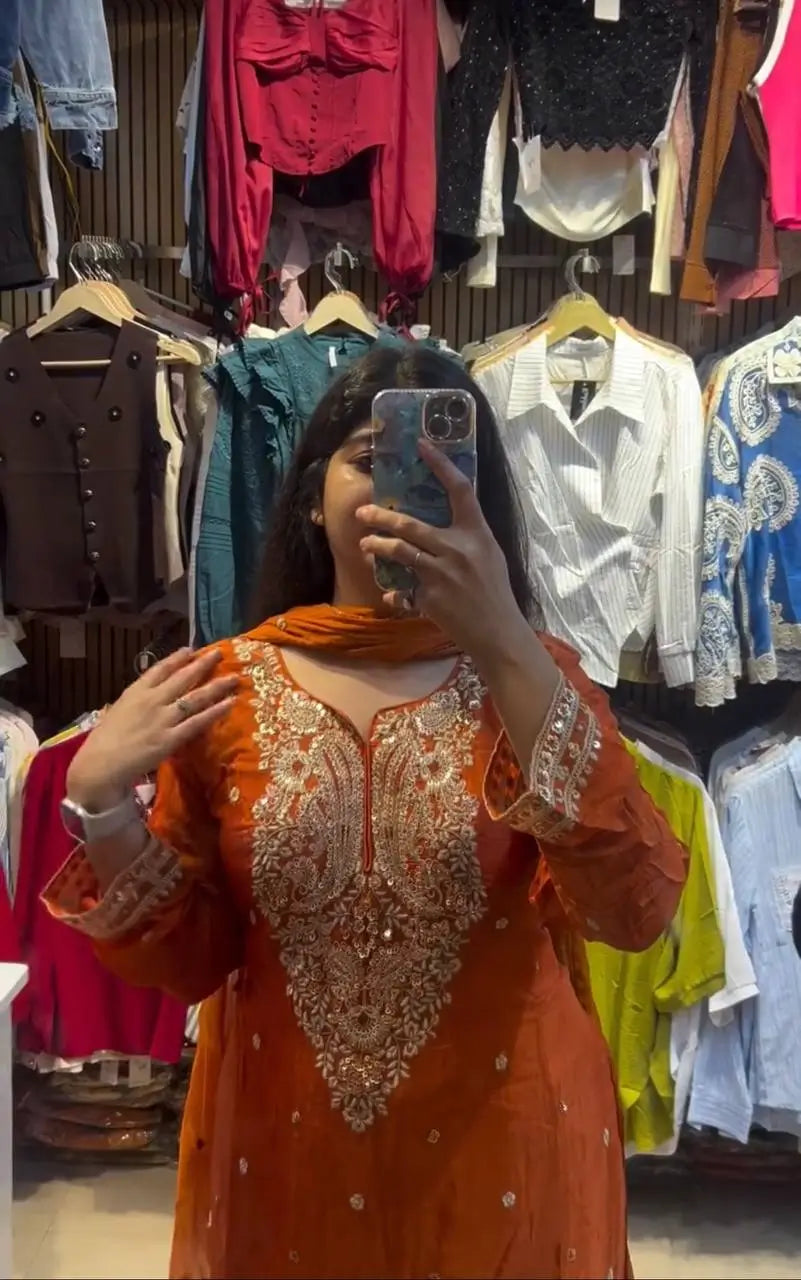 Chinon Silk Embroidered Palazzo Suit with Dupatta