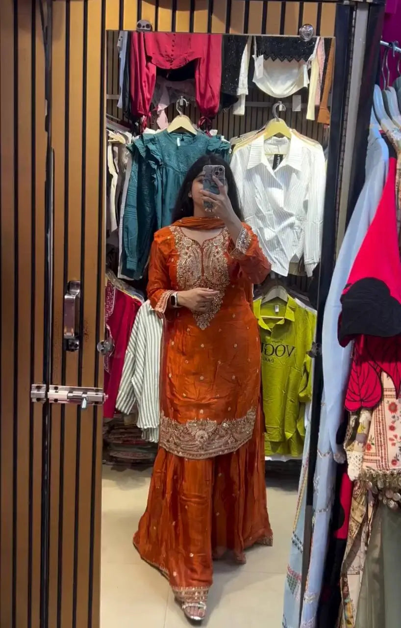 Chinon Silk Embroidered Palazzo Suit with Dupatta