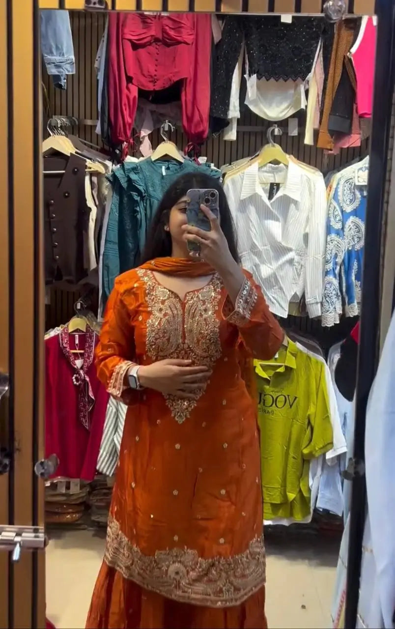 Chinon Silk Embroidered Palazzo Suit with Dupatta