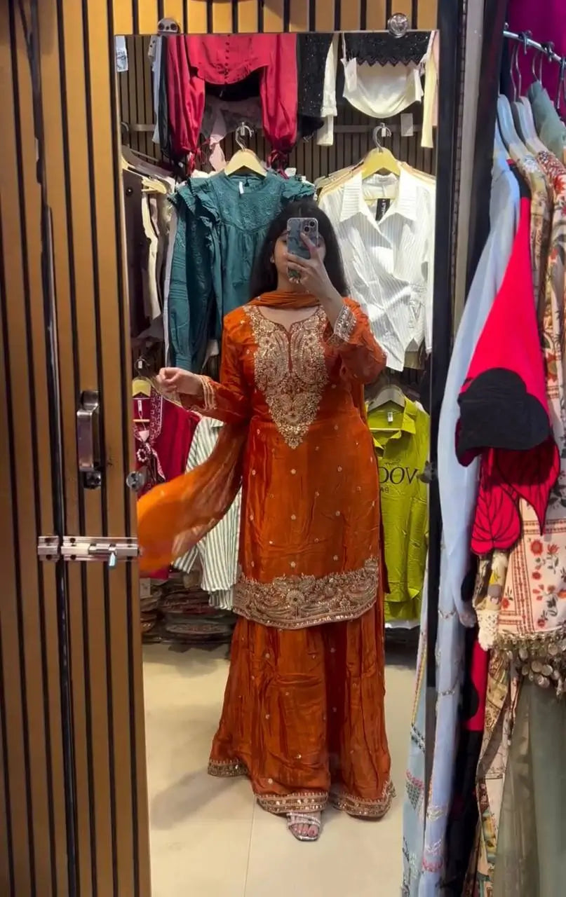 Chinon Silk Embroidered Palazzo Suit with Dupatta