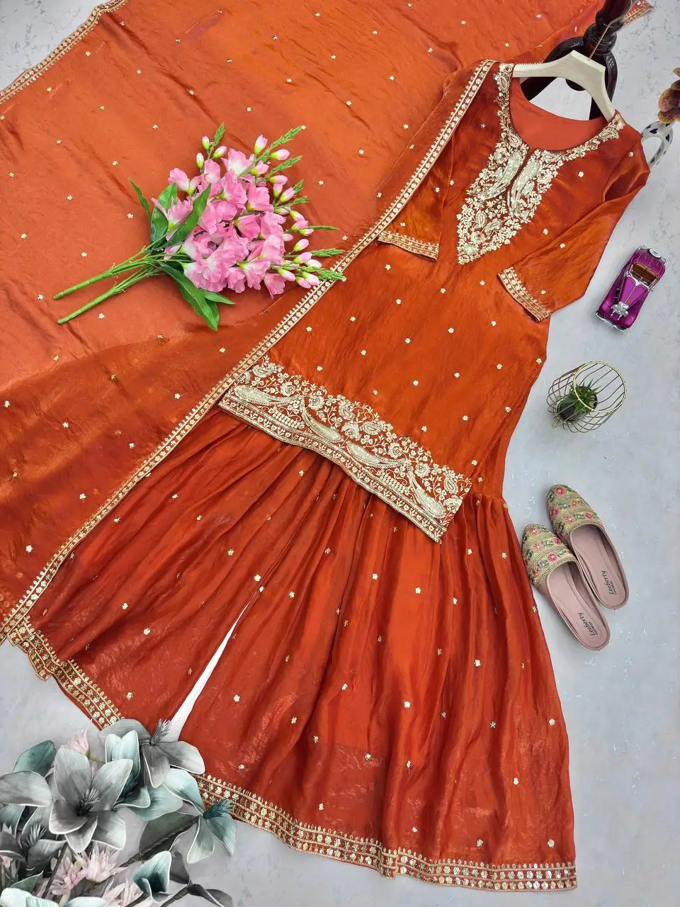 Chinon Silk Embroidered Palazzo Suit with Dupatta