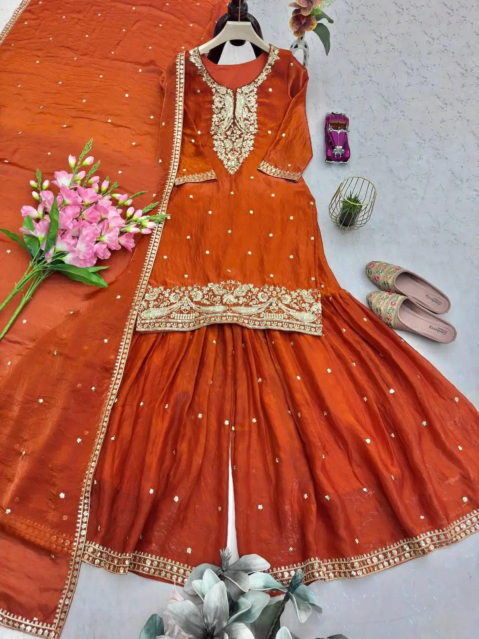 Chinon Silk Embroidered Palazzo Suit with Dupatta