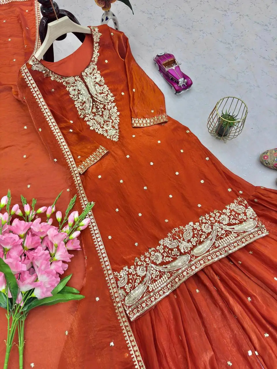 Chinon Silk Embroidered Palazzo Suit with Dupatta