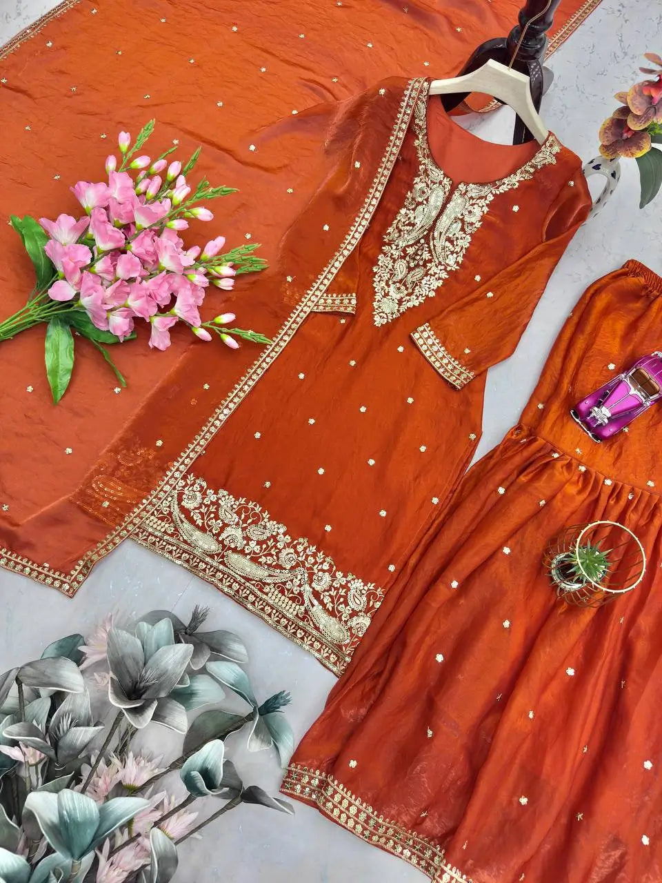Chinon Silk Embroidered Palazzo Suit with Dupatta