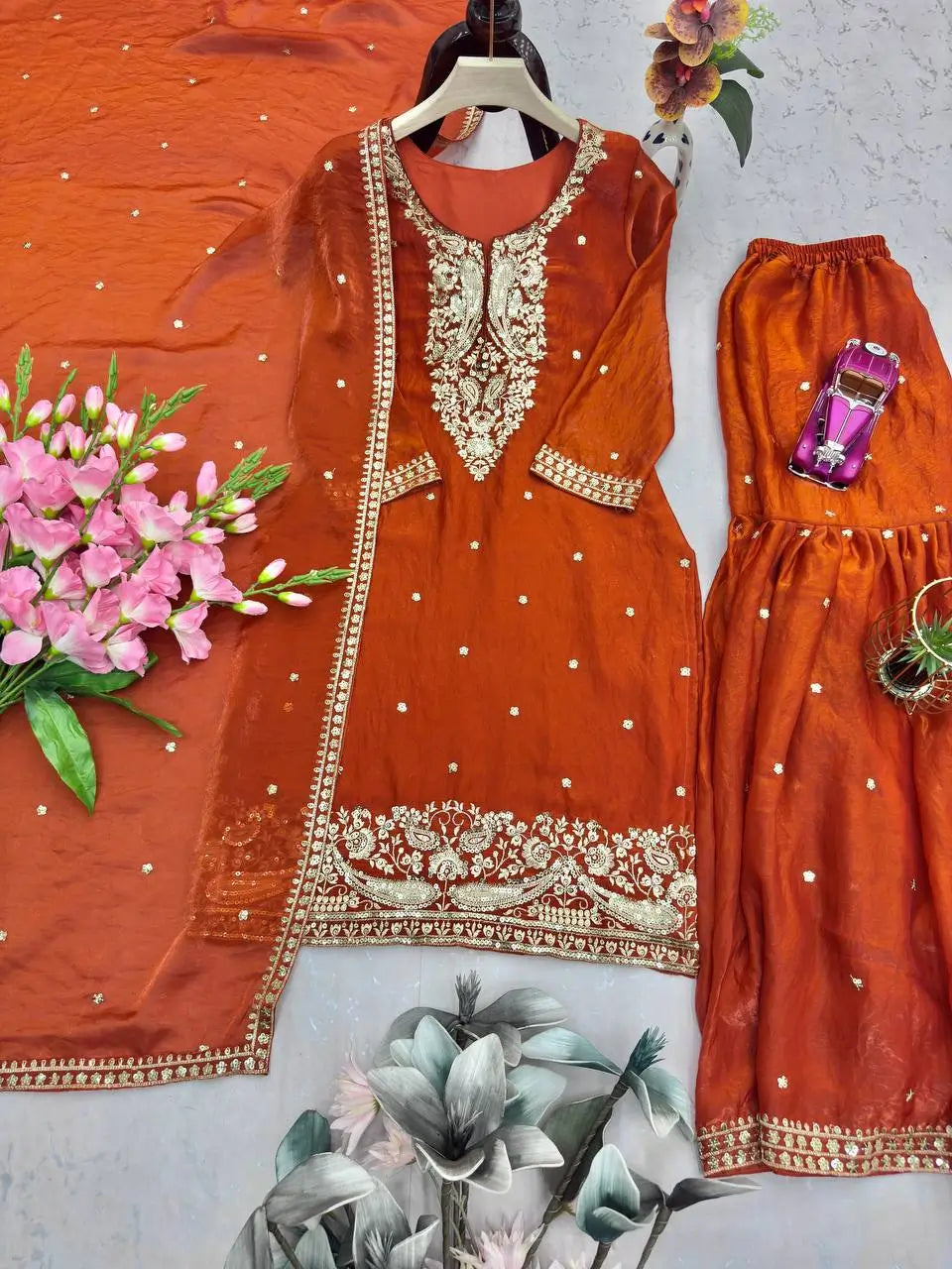 Chinon Silk Embroidered Palazzo Suit with Dupatta