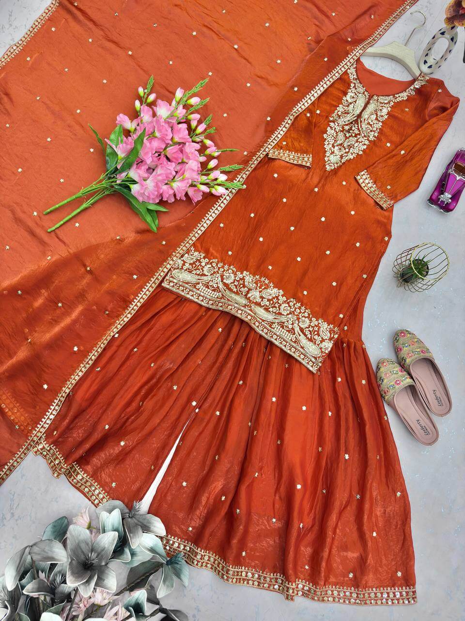 Chinon Silk Embroidered Palazzo Suit with Dupatta
