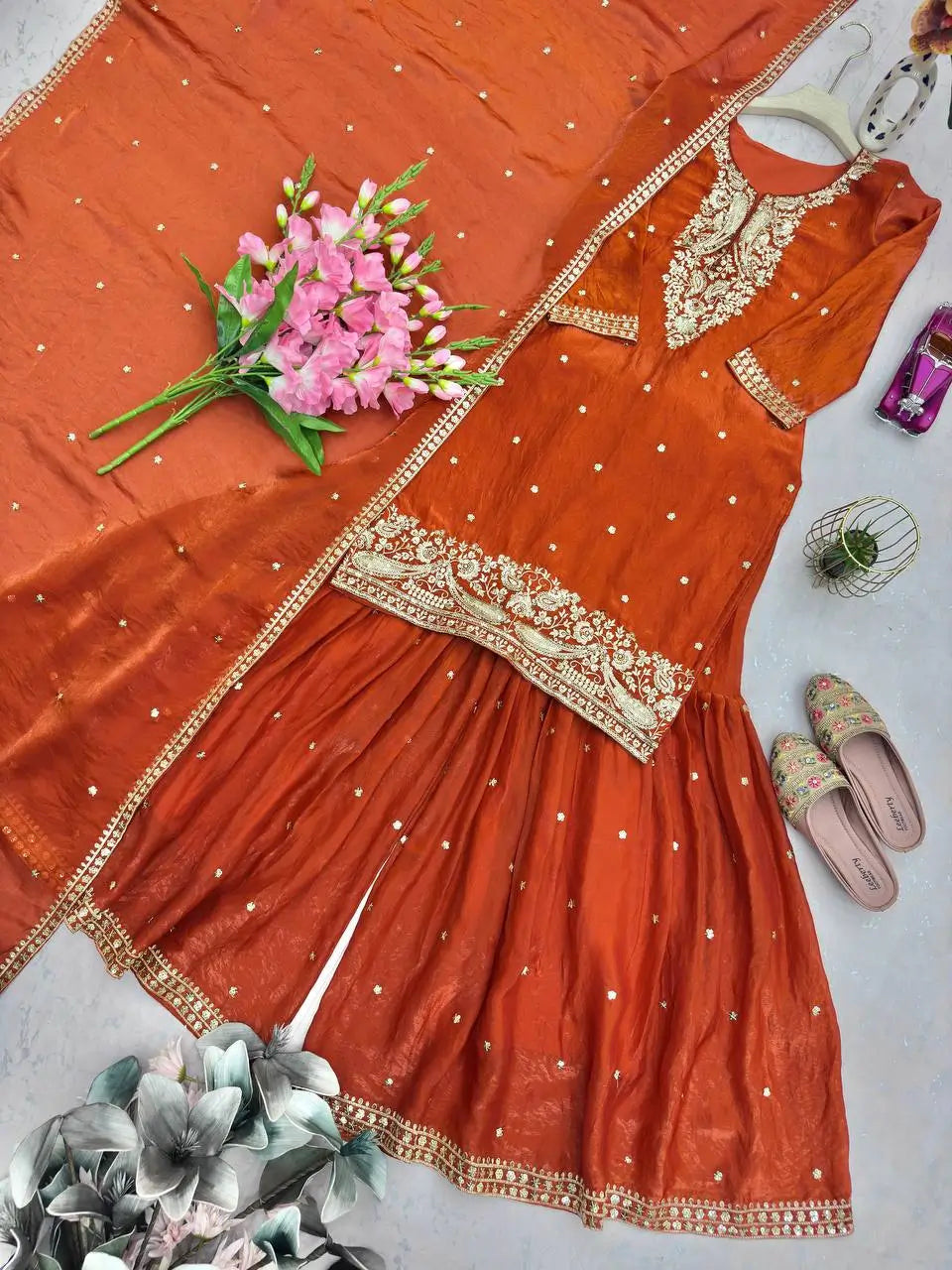 Chinon Silk Embroidered Palazzo Suit with Dupatta
