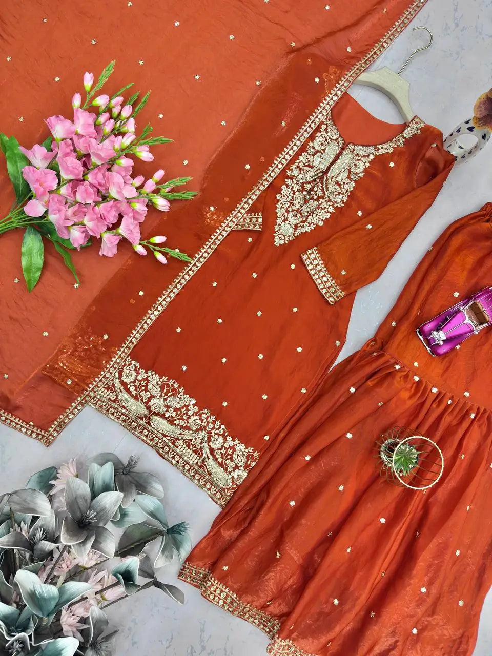 Chinon Silk Embroidered Palazzo Suit with Dupatta