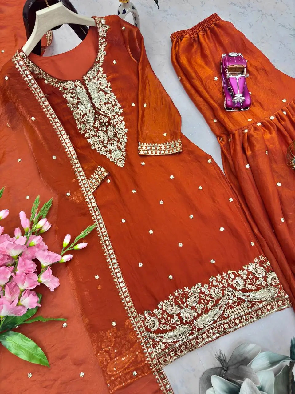 Chinon Silk Embroidered Palazzo Suit with Dupatta