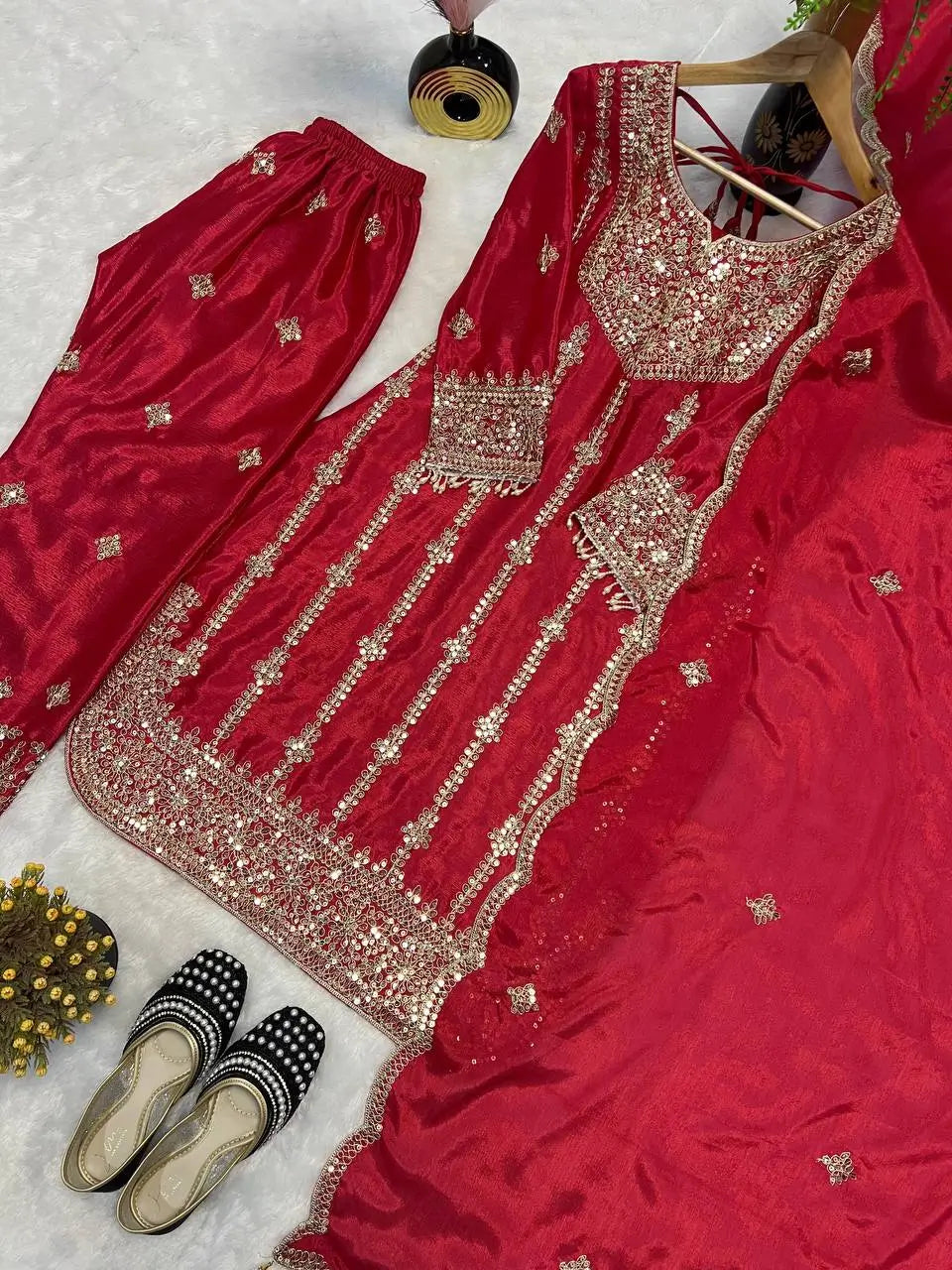 Chinon Silk Embroidered Palazzo Suit with Dupatta