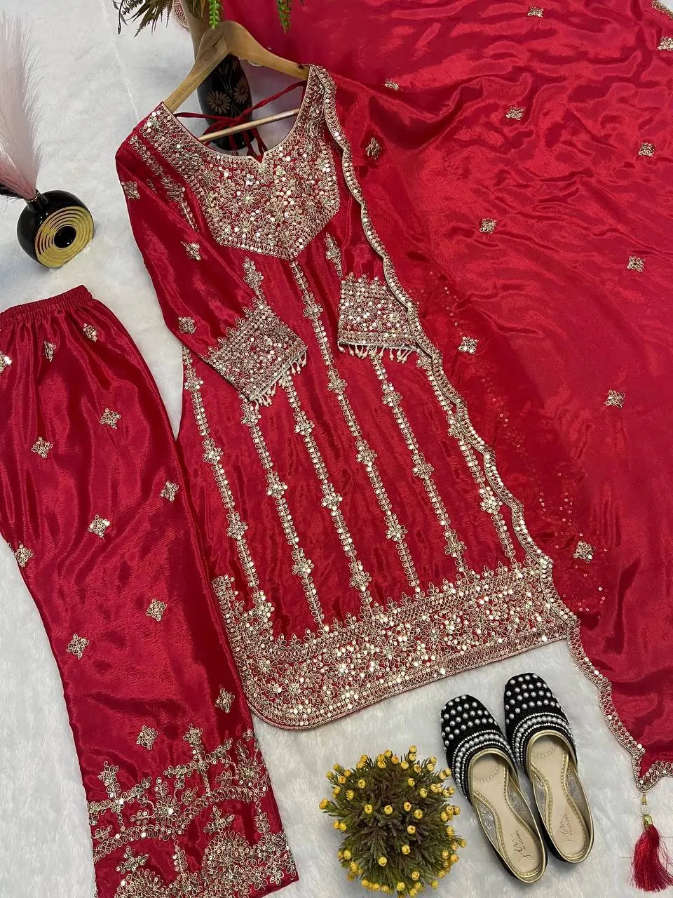 Chinon Silk Embroidered Palazzo Suit with Dupatta