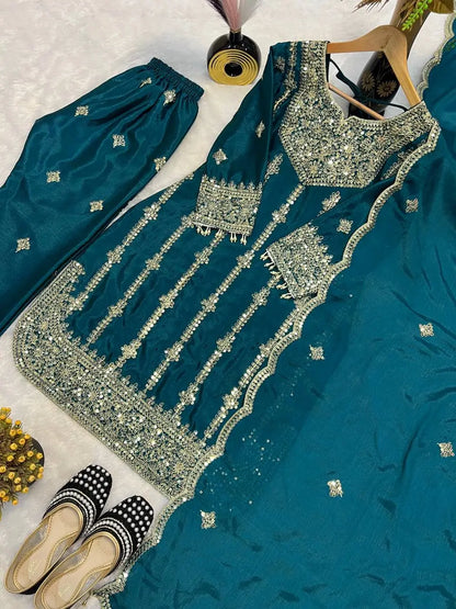 Chinon Silk Embroidered Palazzo Suit with Dupatta
