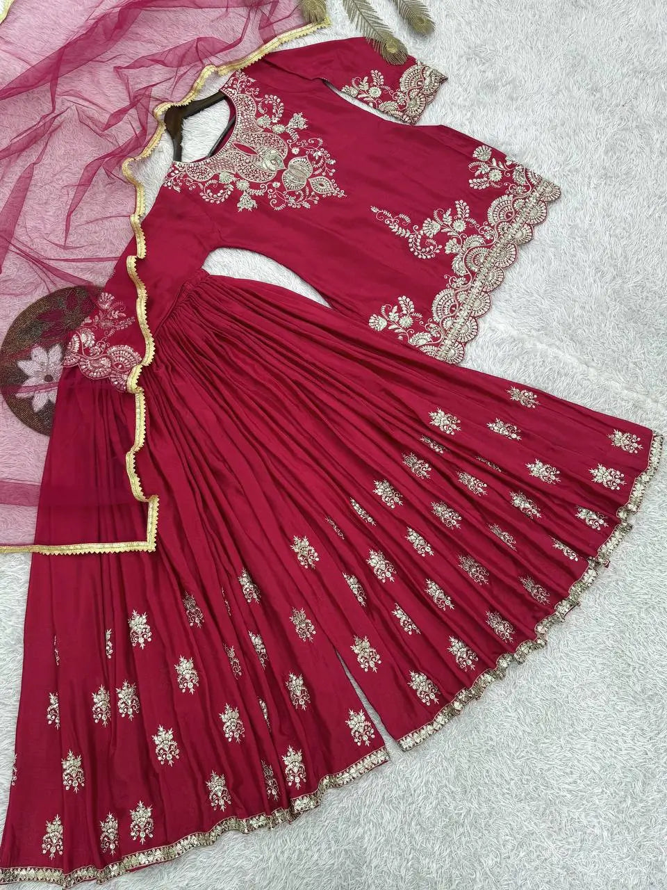 Chinon Silk Embroidered Palazzo Suit with Dupatta