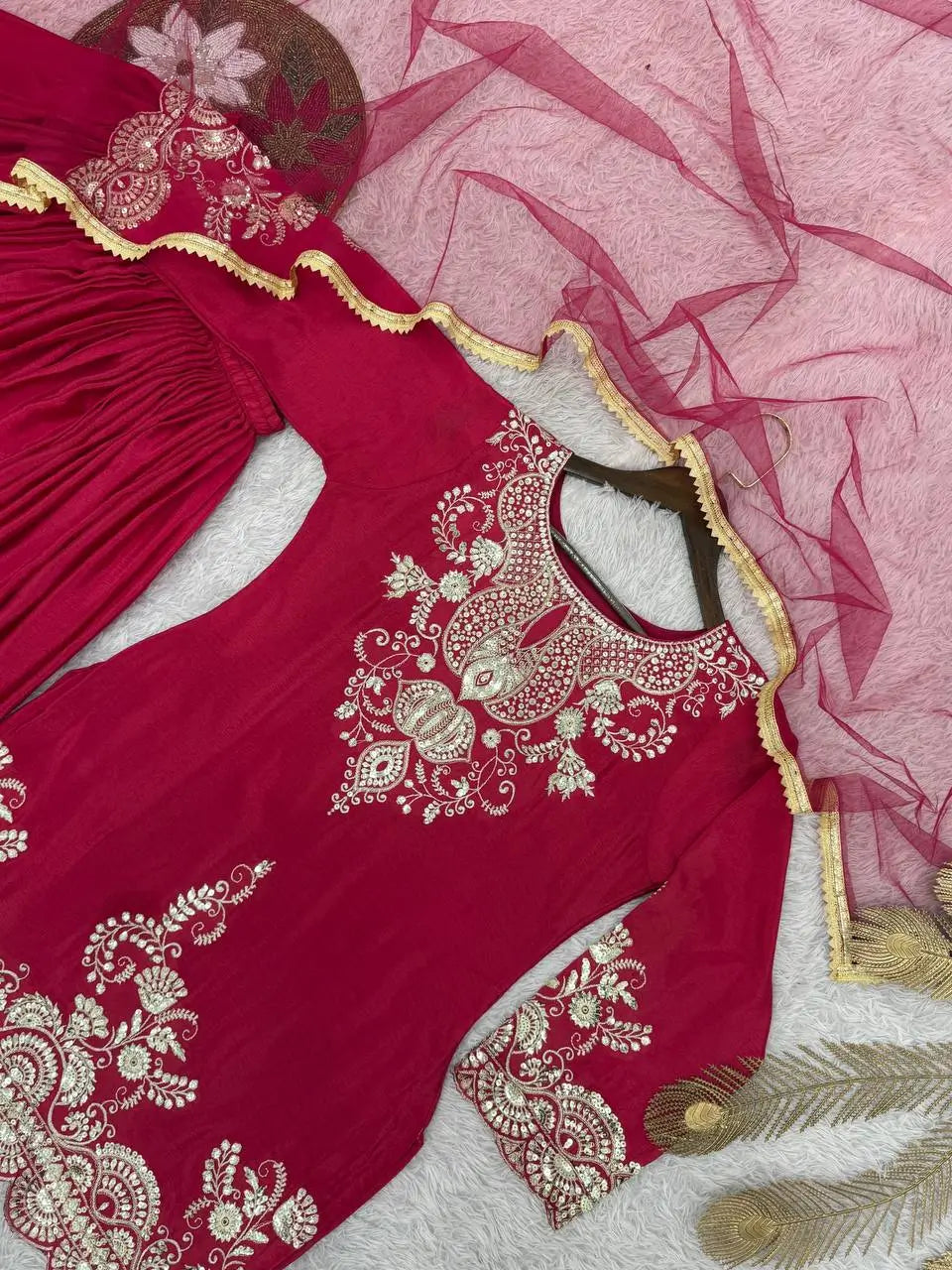 Chinon Silk Embroidered Palazzo Suit with Dupatta