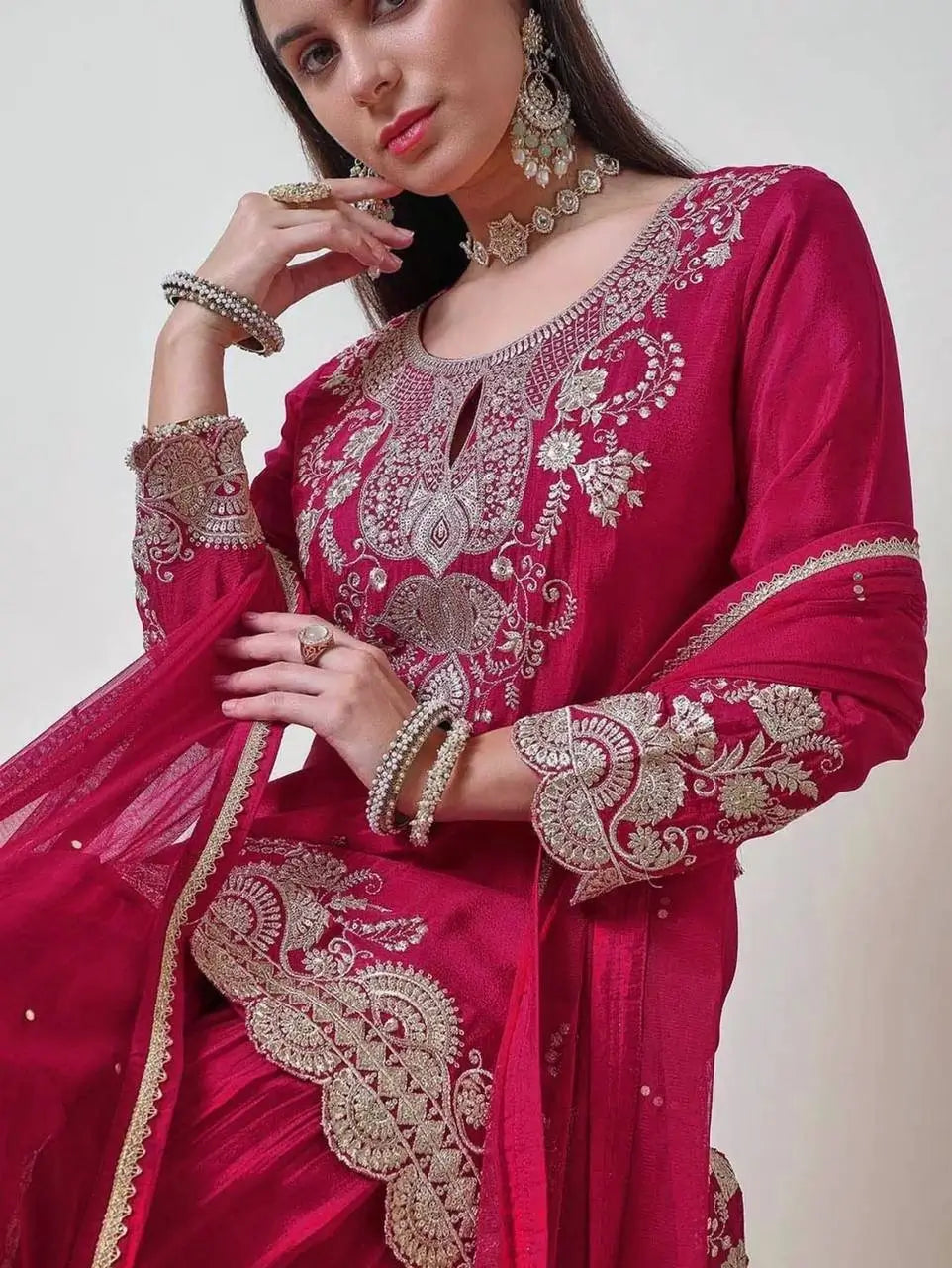 Chinon Silk Embroidered Palazzo Suit with Dupatta