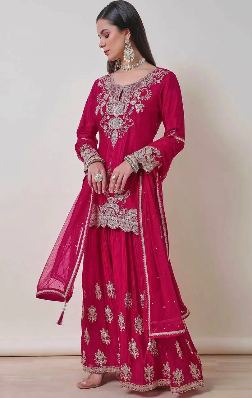 Chinon Silk Embroidered Palazzo Suit with Dupatta