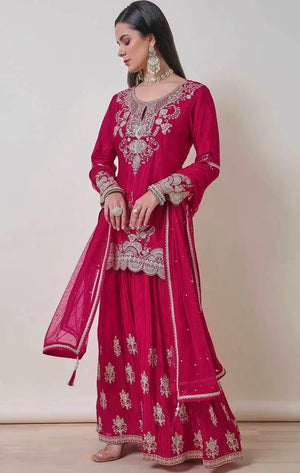 Chinon Silk Embroidered Palazzo Suit with Dupatta