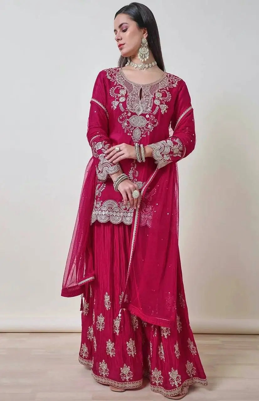 Chinon Silk Embroidered Palazzo Suit with Dupatta
