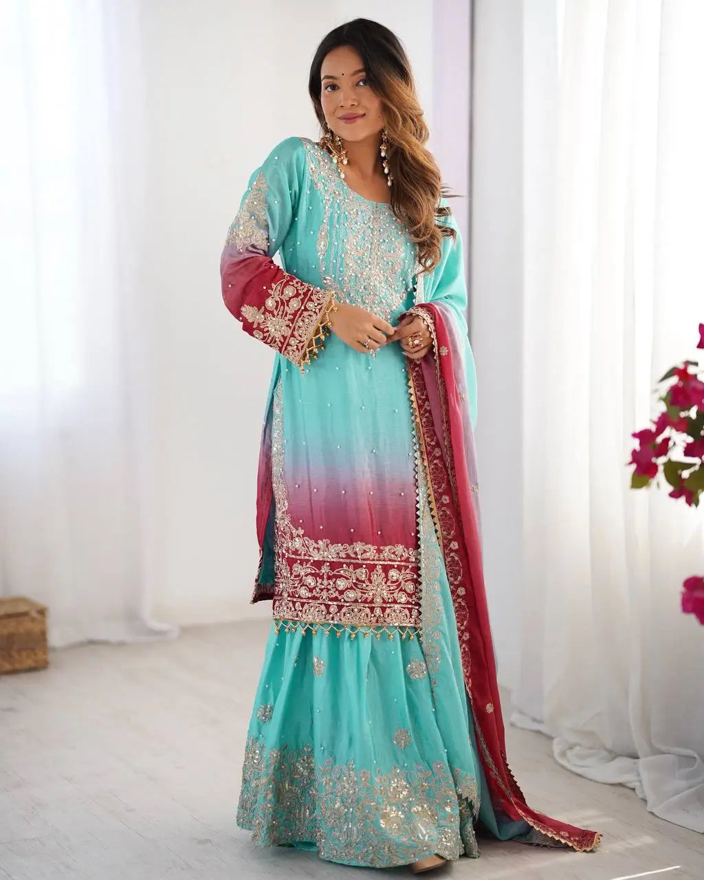 Chinon Silk Embroidered Sharara Suit Set with Dupatta