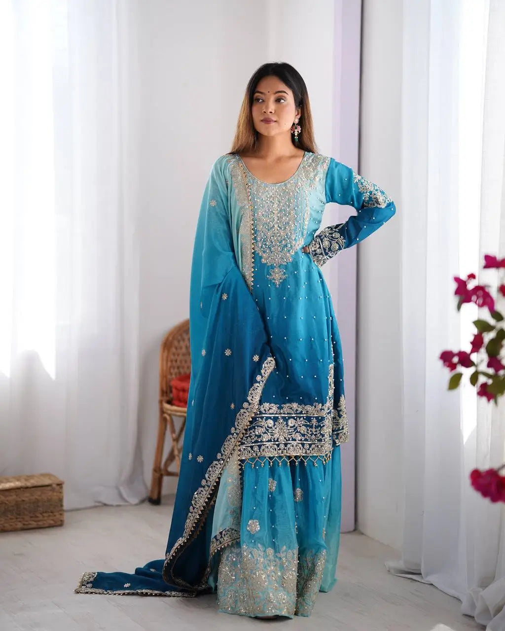 Chinon Silk Embroidered Sharara Suit Set with Dupatta
