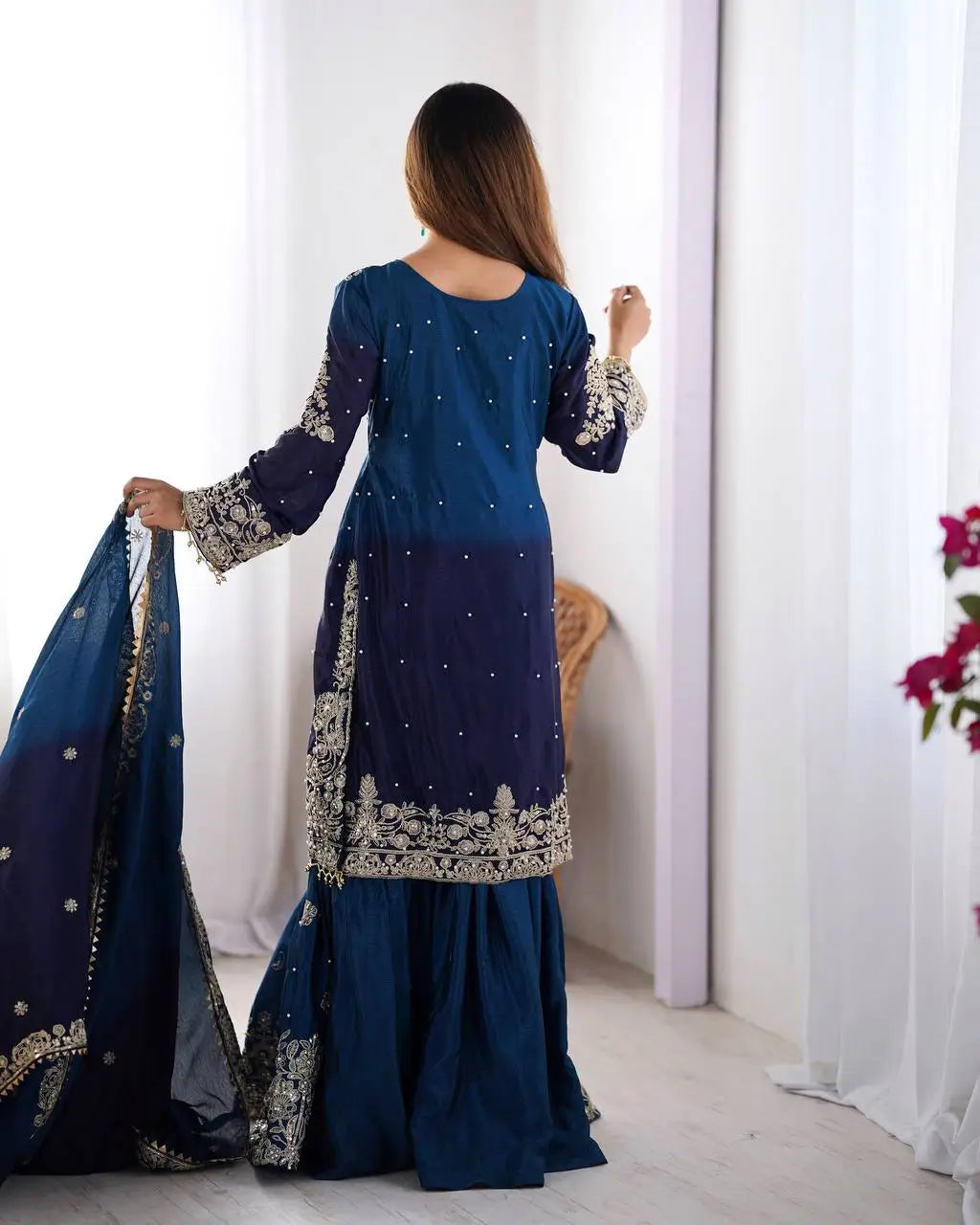 Chinon Silk Embroidered Sharara Suit Set with Dupatta