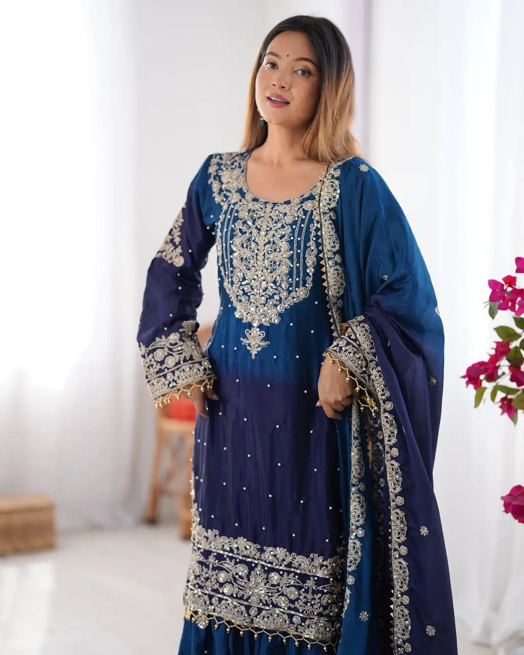 Chinon Silk Embroidered Sharara Suit Set with Dupatta