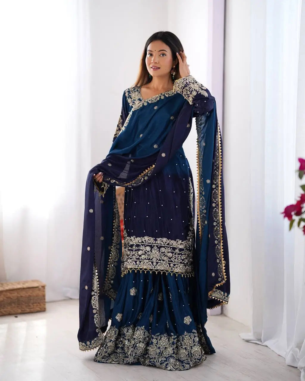 Chinon Silk Embroidered Sharara Suit Set with Dupatta