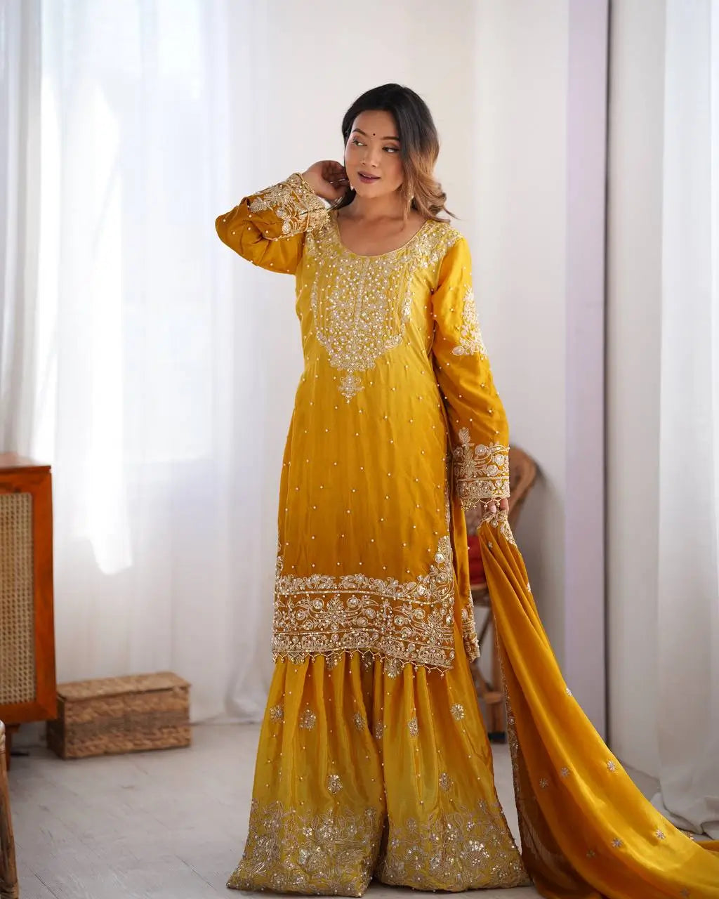 Chinon Silk Embroidered Sharara Suit Set with Dupatta