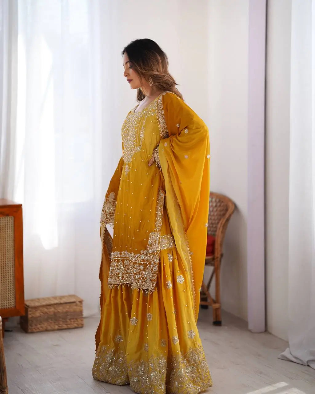 Chinon Silk Embroidered Sharara Suit Set with Dupatta