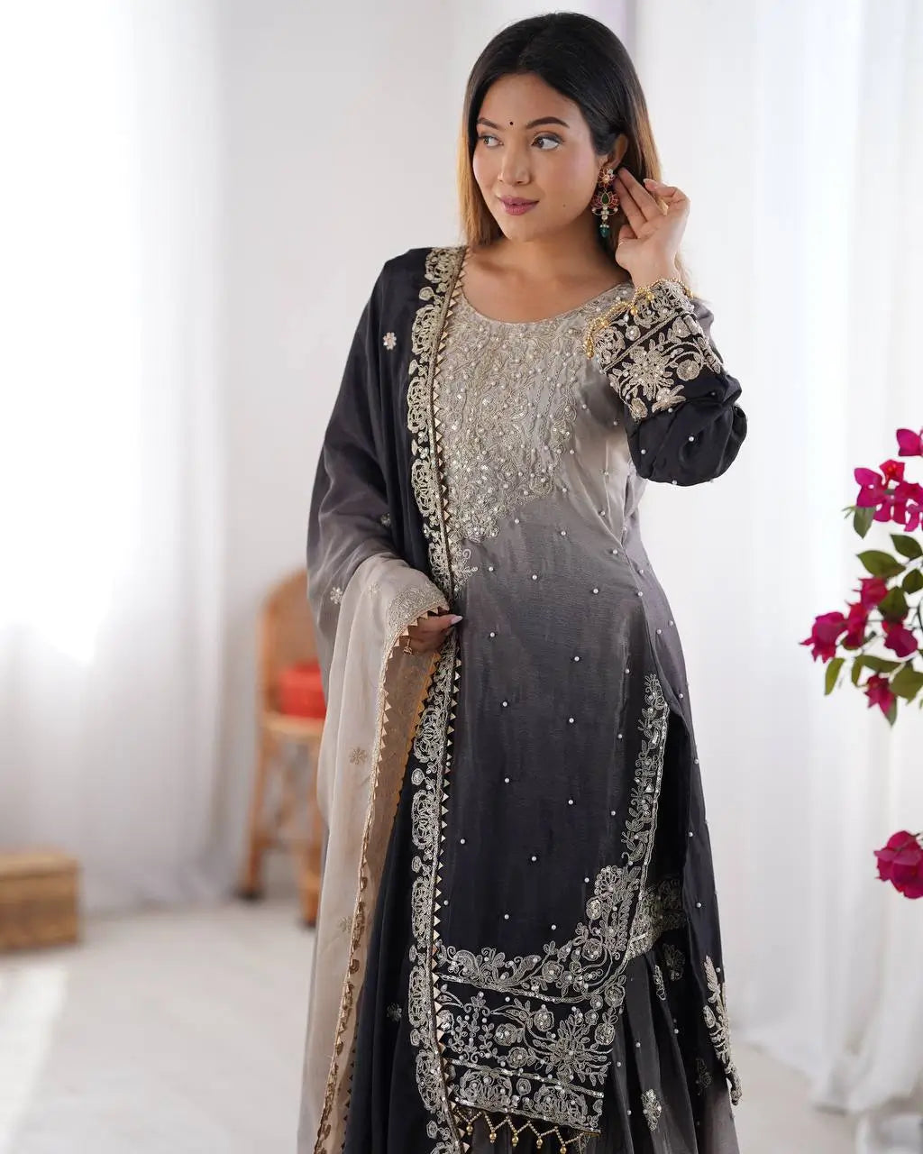 Chinon Silk Embroidered Sharara Suit Set with Dupatta