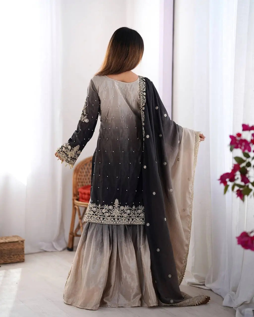 Chinon Silk Embroidered Sharara Suit Set with Dupatta