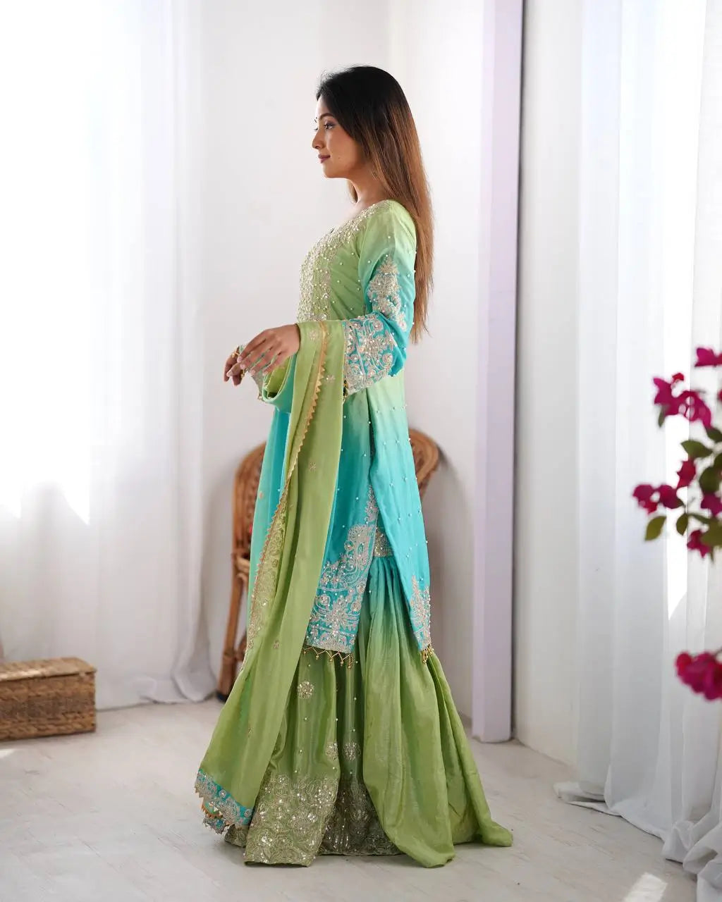 Chinon Silk Embroidered Sharara Suit Set with Dupatta