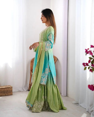 Chinon Silk Embroidered Sharara Suit Set with Dupatta