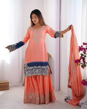 Chinon Silk Embroidered Sharara Suit Set with Dupatta