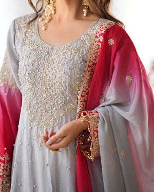 Chinon Silk Embroidered Sharara Suit Set with Dupatta