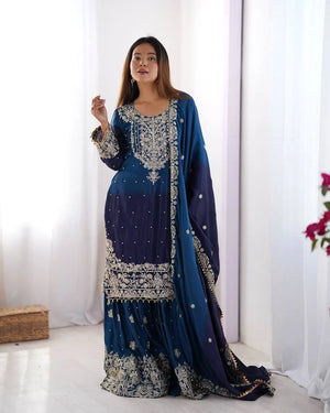 Chinon Silk Embroidered Sharara Suit Set with Dupatta