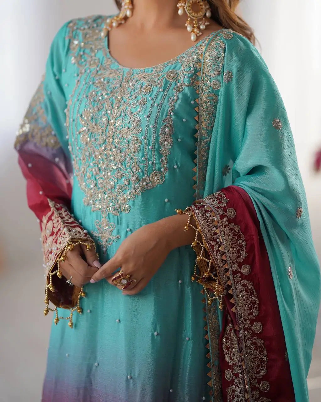 Chinon Silk Embroidered Sharara Suit Set with Dupatta