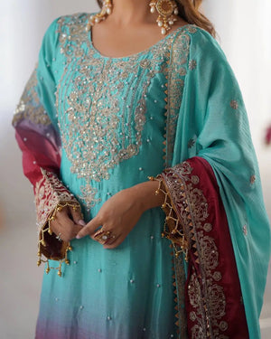Chinon Silk Embroidered Sharara Suit Set with Dupatta