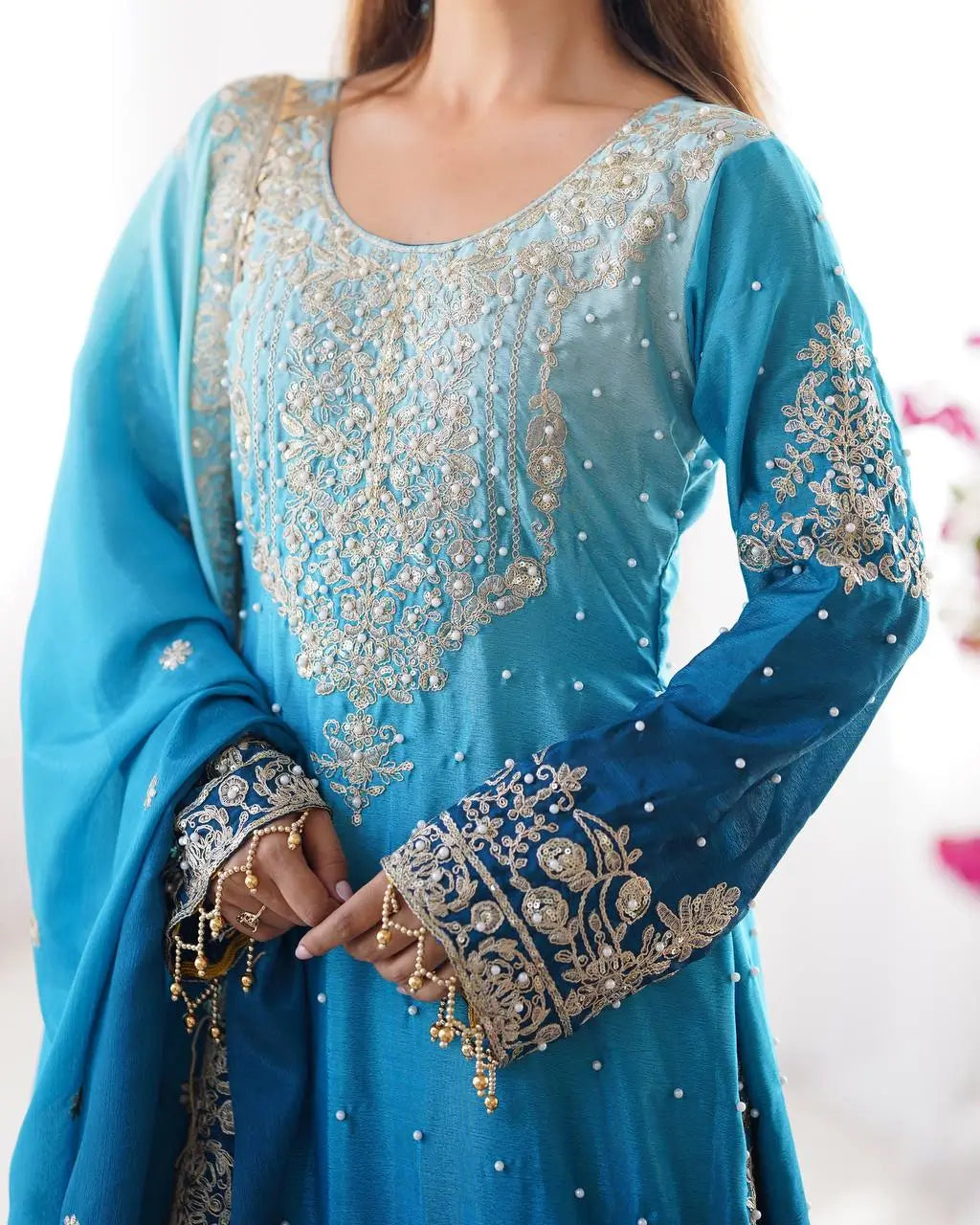 Chinon Silk Embroidered Sharara Suit Set with Dupatta