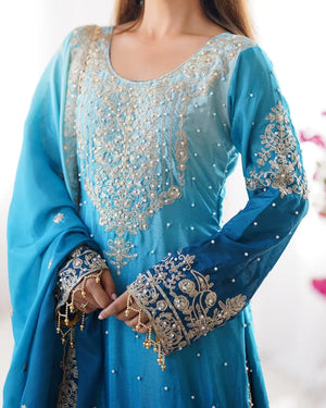 Chinon Silk Embroidered Sharara Suit Set with Dupatta