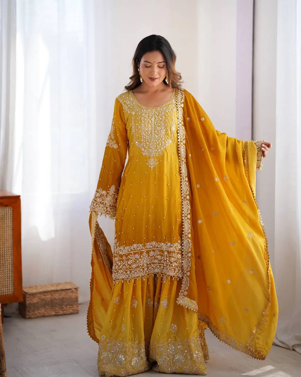 Chinon Silk Embroidered Sharara Suit Set with Dupatta
